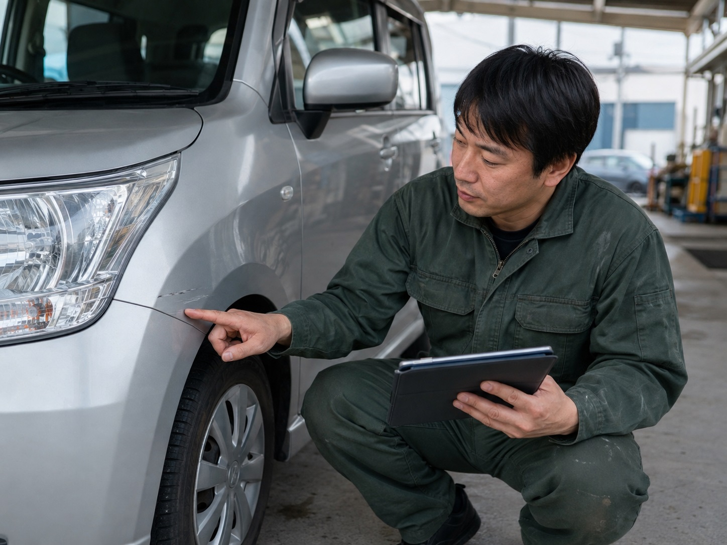 スタッフが車のフェンダーの傷を指さしながら見積りを確認している様子