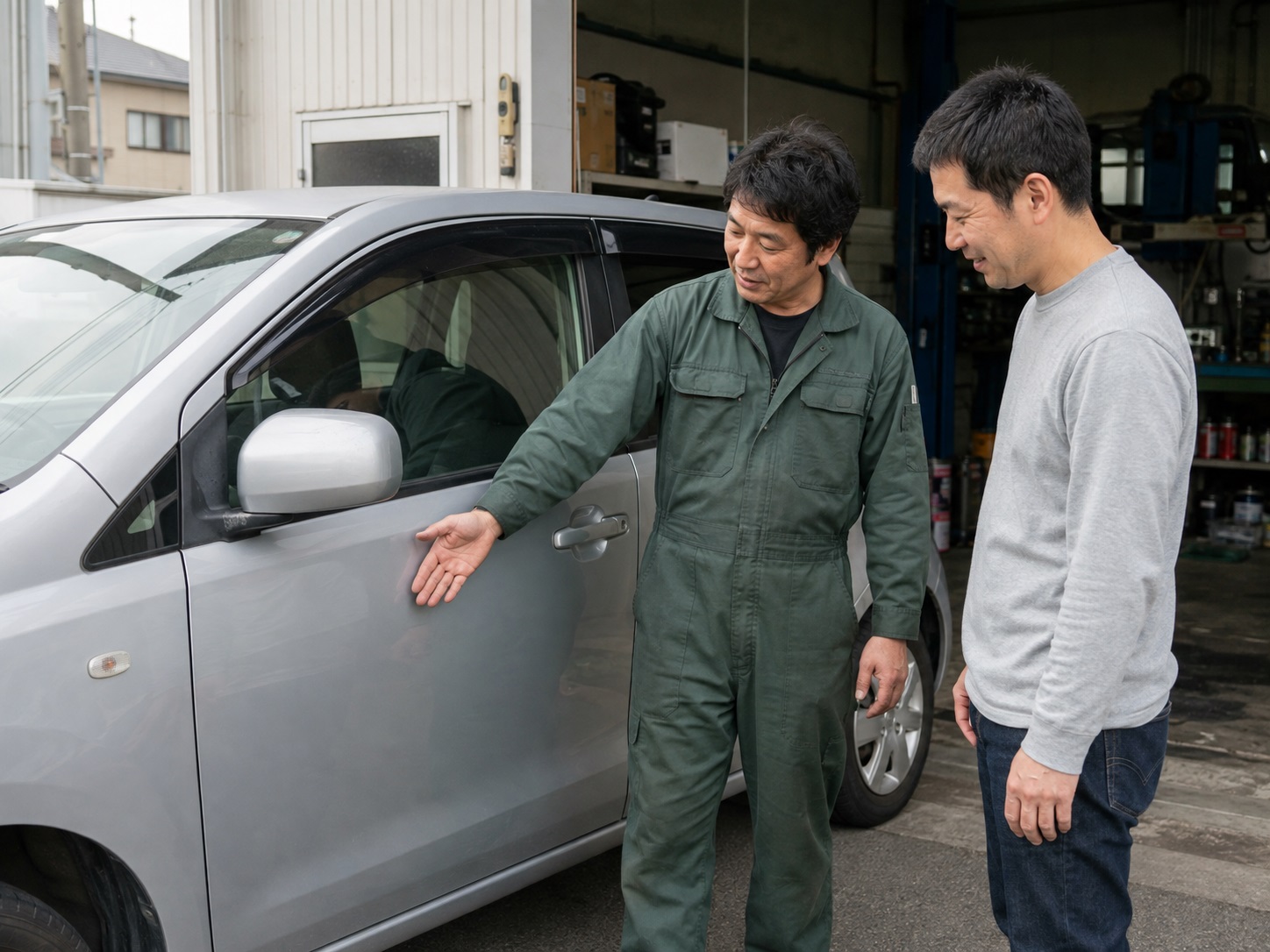 仕上がった車の脇でスタッフが客に修理箇所を説明している様子