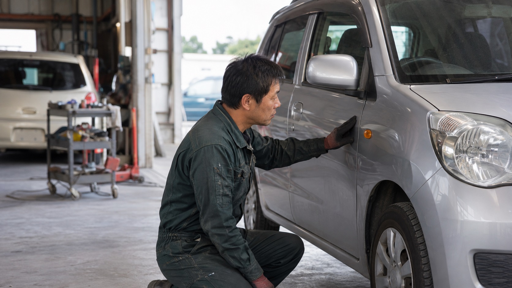 ユタカ自動車工業の作業場で、整備士が silver の軽自動車のドアに手を添えて状態を確認している様子