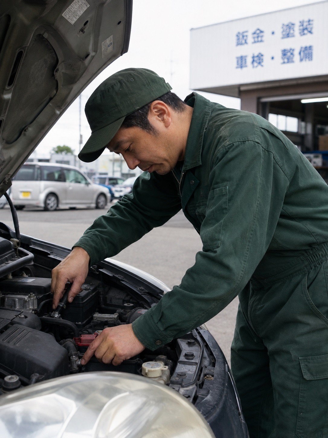 緑の作業着姿の整備士がエンジンルームを点検している様子